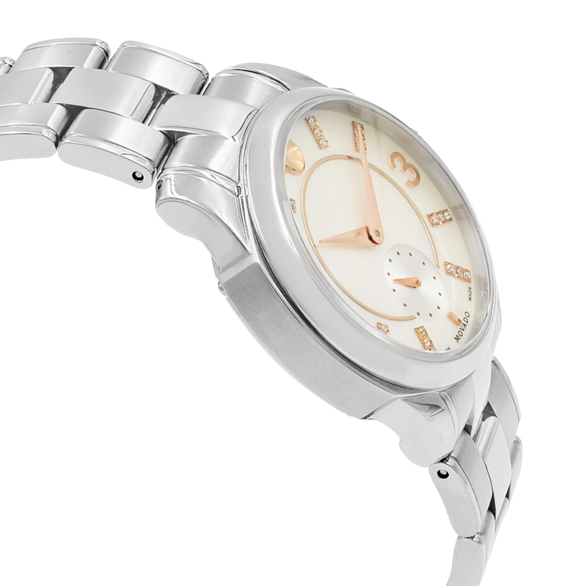 Movado LX Steel Diamond Mother of Pearl Dial Quartz Ladies Watch 0606619 In Good Condition For Sale In New York, NY