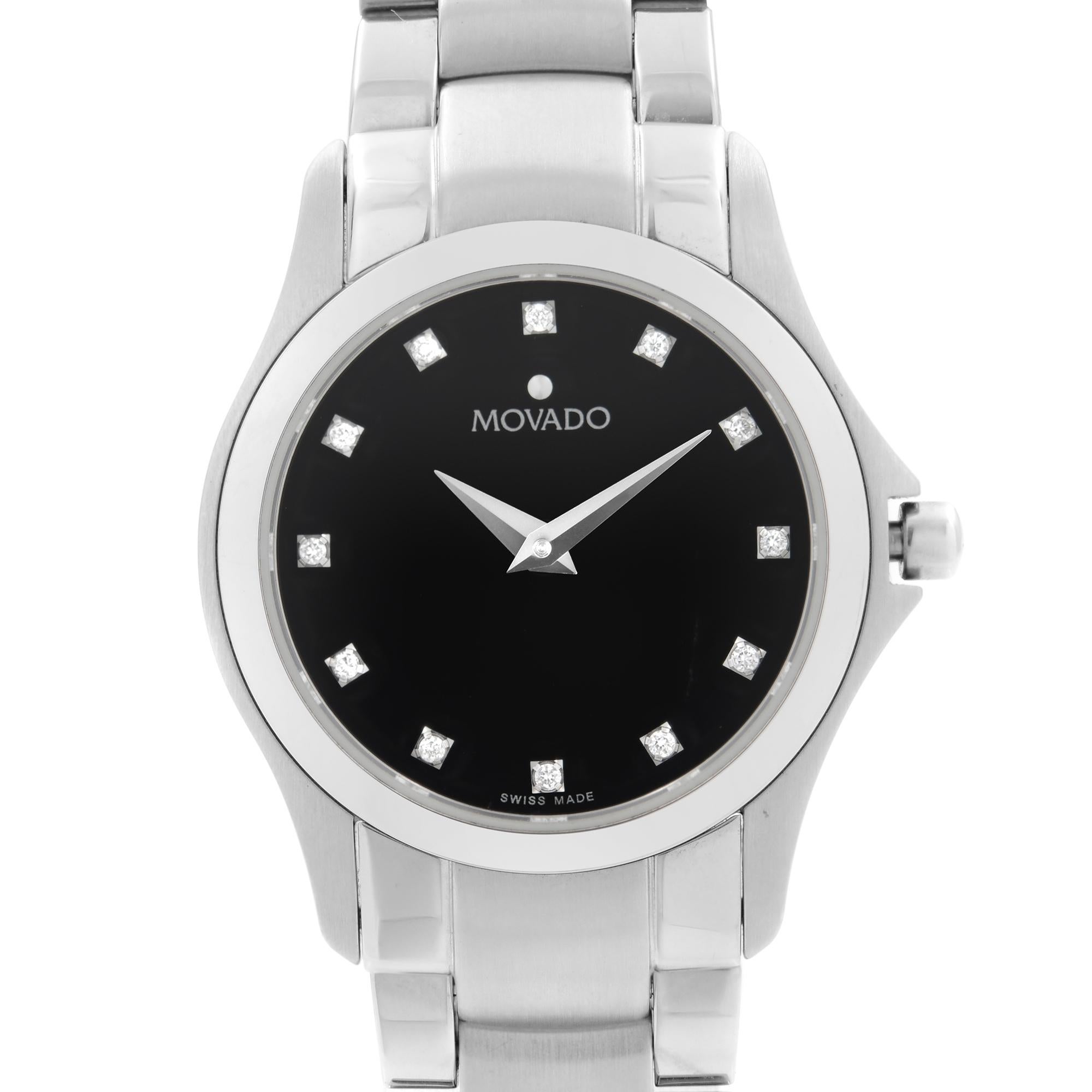 Never Worn Movado Masino 26mm Steel Black Diamond Dial Quartz Ladies Watch 0606186. This Beautiful Timepiece Features:  Stainless Steel Case, Bracelet and Bezel, Black Dial with Stainless Steel Hands and Diamond Hour Markers. Original Box and Papers
