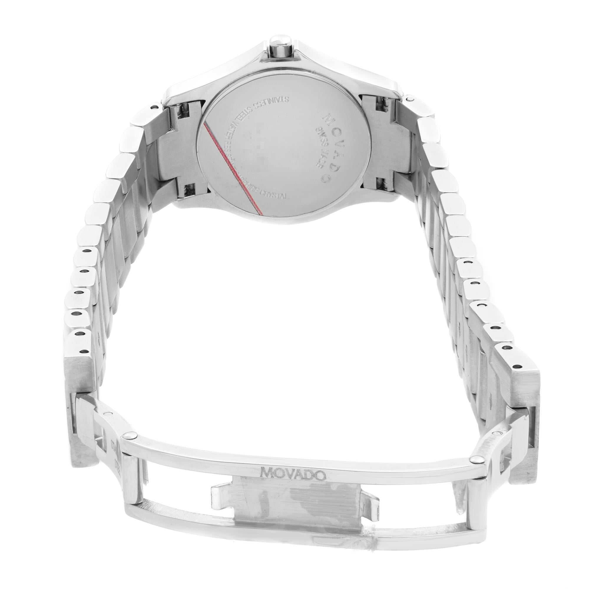 Movado Masino Steel Black Diamond Dial Quartz Ladies Watch 0606186 In New Condition For Sale In New York, NY
