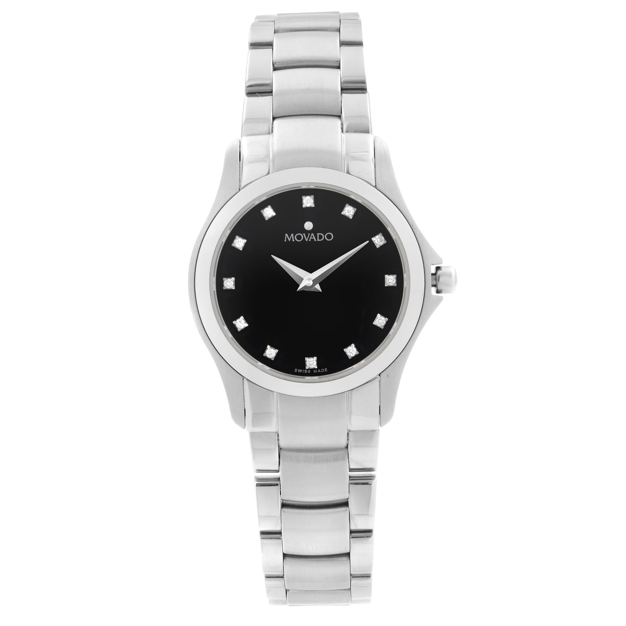 Movado Masino Steel Black Diamond Dial Quartz Ladies Watch 0606186