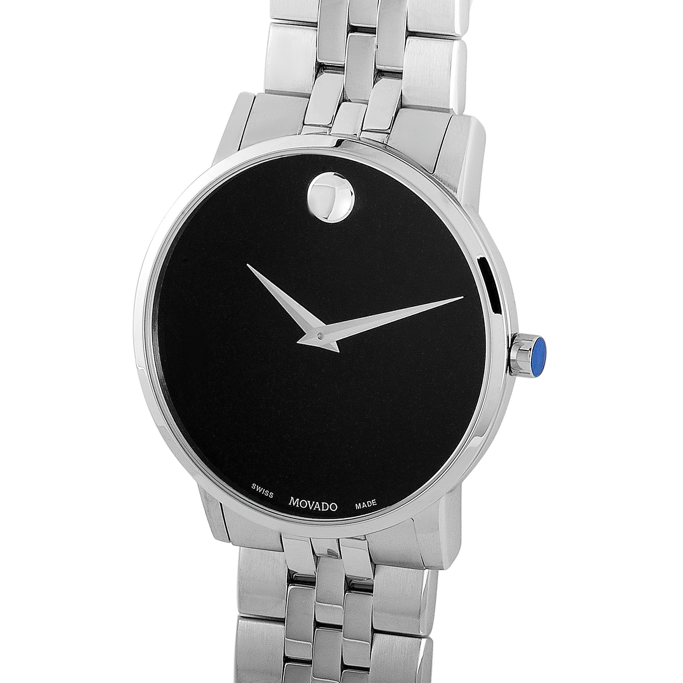 The Movado Museum Classic watch, reference number 0607199, is a member of the esteemed “Museum Classic” collection.

This timepiece is presented with a 40 mm stainless steel case that is mounted onto a matching stainless steel bracelet. The watch is