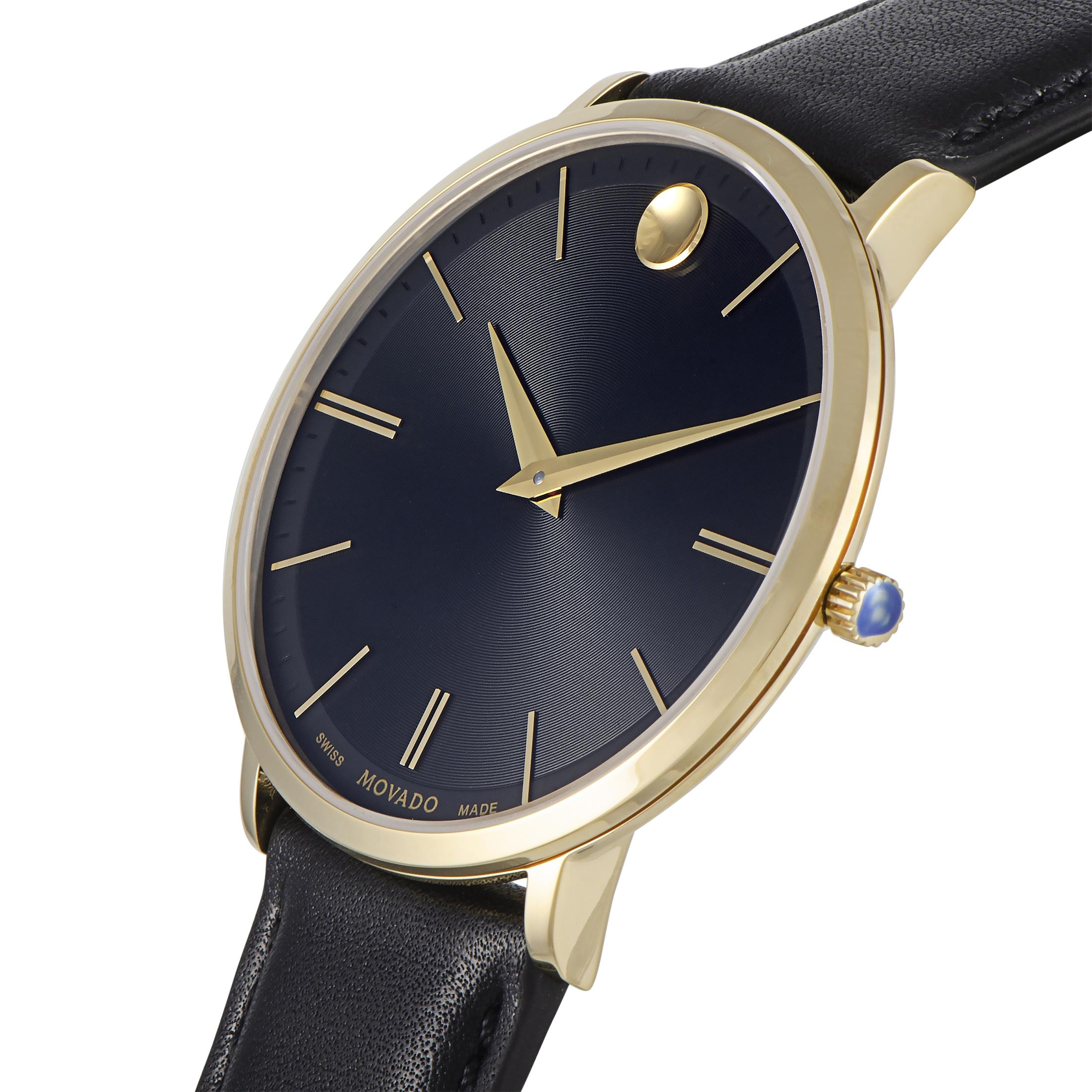 This is the Movado Ultra Slim watch, reference number 0607087.

It is presented with a yellow gold PVD-plated stainless steel case that is only 6.3 mm thick and measures 40 mm in diameter. The watch is powered by a quartz movement and indicates