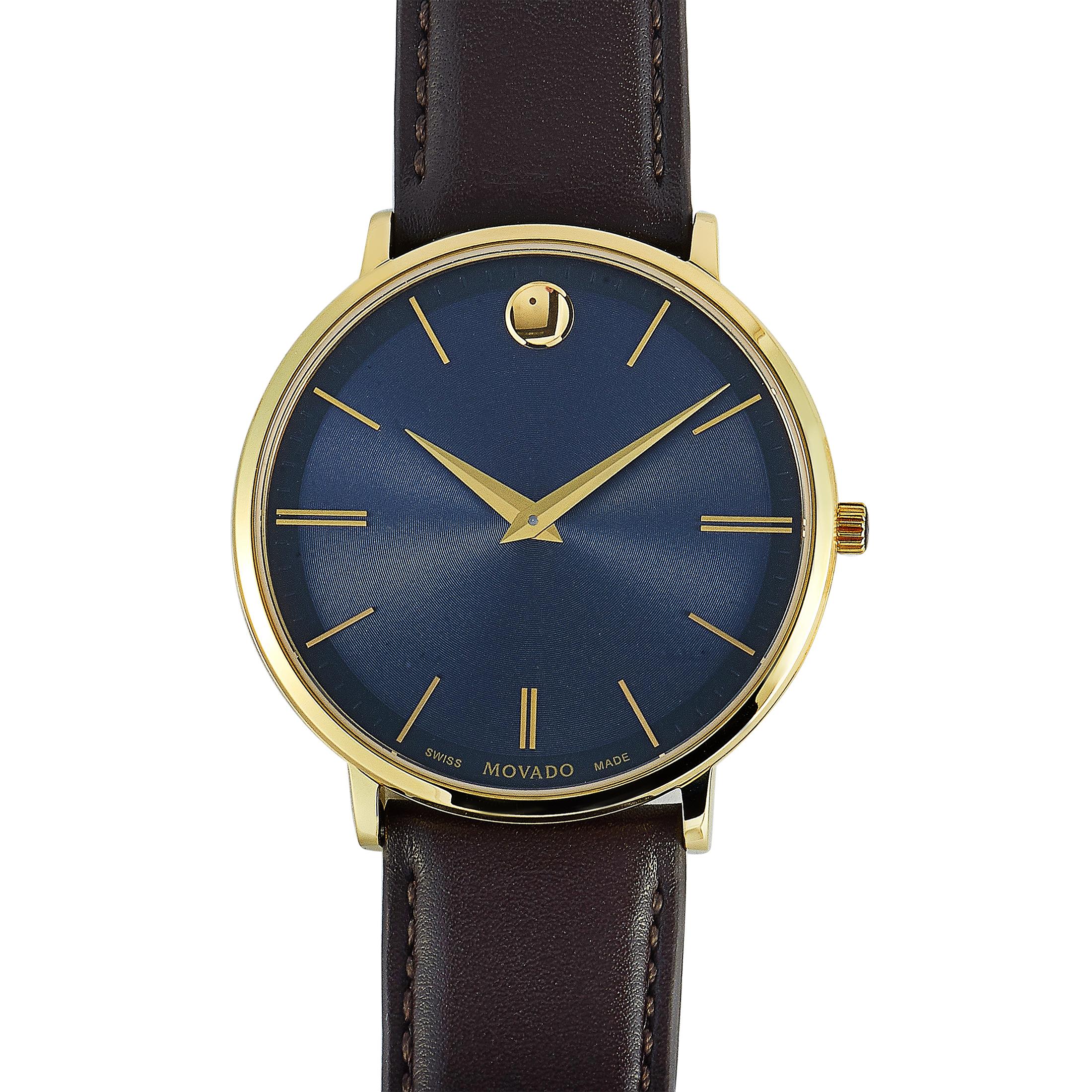 This is the Movado Ultra Slim watch, reference number 0607088.

It is presented with a yellow gold PVD-plated stainless steel case that is only 6.3 mm thick and measures 40 mm in diameter. The watch is powered by a quartz movement and indicates