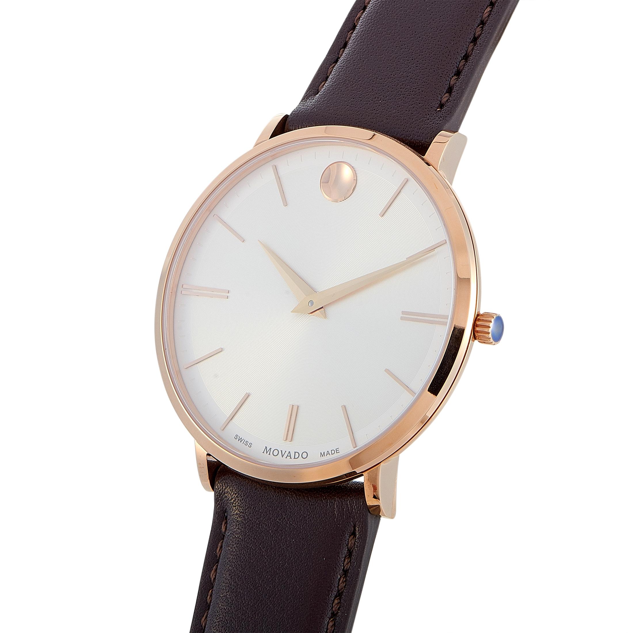 This is the Movado Ultra Slim watch, reference number 0607089.

It is presented with a rose gold PVD-plated stainless steel case that is only 6.3 mm thick and measures 40 mm in diameter. The watch is powered by a quartz movement and indicates hours