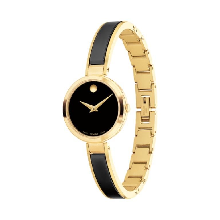 Movado Moda 24mm Black Museum Dial Yellow Gold PVD Strap Ladies Watch 607714

Redefining modern elegance. Iconic design meets feminine style in our new Moda Collection. This sophisticated bangle features a slim yellow gold PVD-finished bracelet and