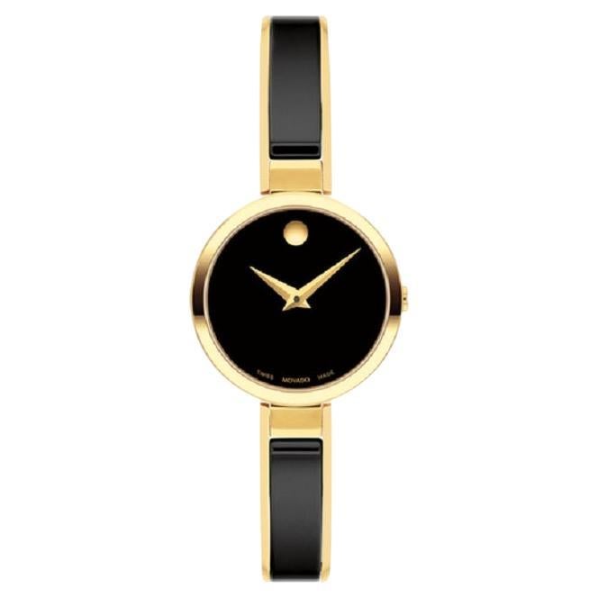 Movado Moda 24mm Black Museum Dial Yellow Gold PVD Strap Ladies Watch 607714 For Sale