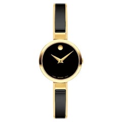 Movado Moda 24mm schwarz Museum Zifferblatt Gelbgold PVD Armband Damenuhr 607714