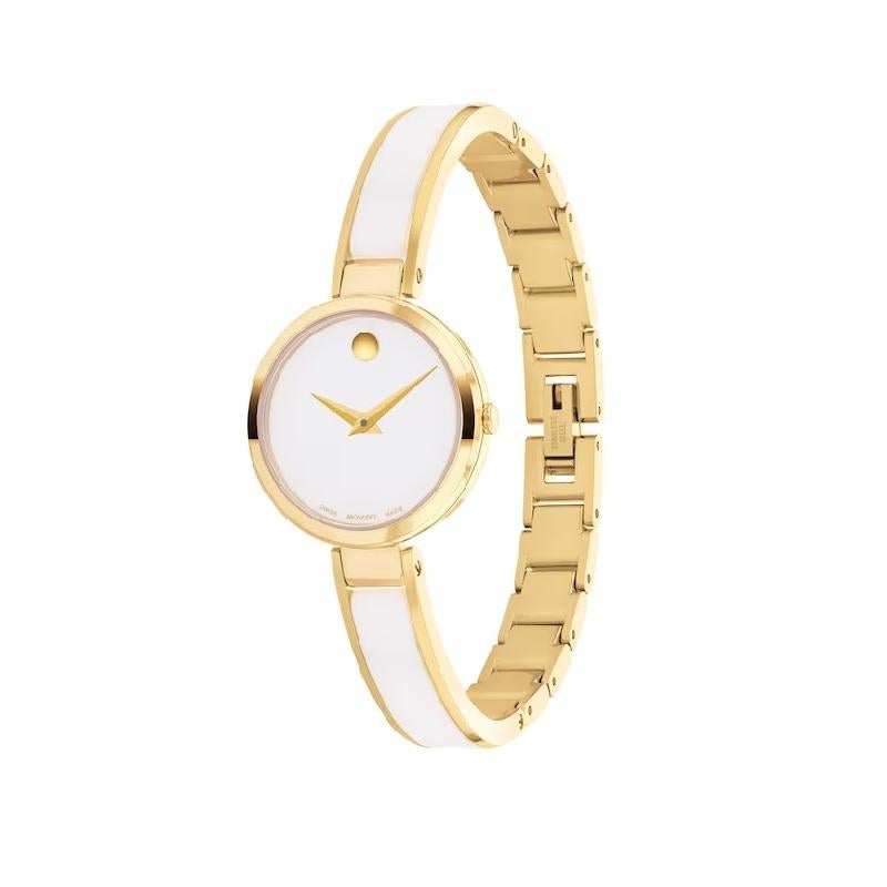 Movado Moda 24mm White Dial Yellow Gold PVD Strap Ladies Watch 607715

Iconic design meets feminine style in our new Moda Collection. Redefining modern elegance, this sophisticated bangle features a slim yellow gold PVD-finished bracelet and sleek