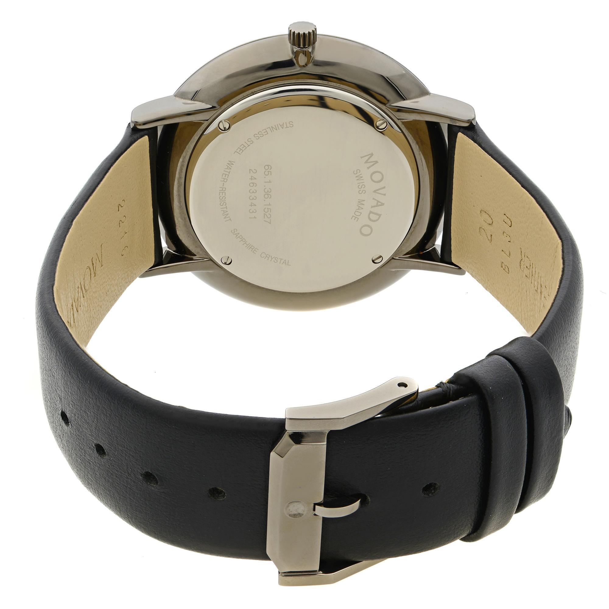 Movado Modern 47 Ultra Slim Montre pour homme à quartz en cuir noir avec bracelet en bandoulière 0607391 en vente 1