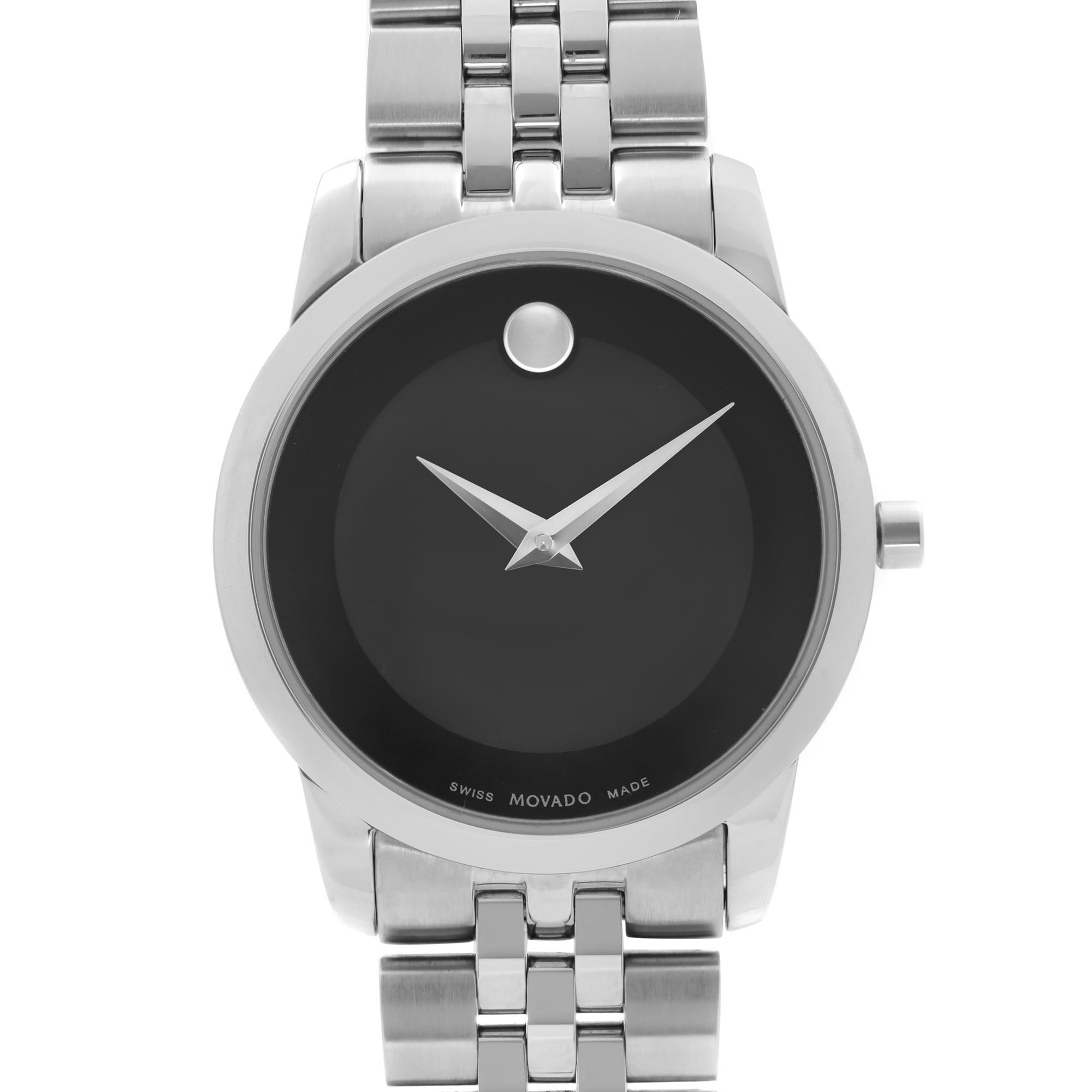Display Model Movado Museum Stainless Steel 28 mm Black Dial Ladies Quartz Watch 0606505. This Beautiful Timepiece Features: Silver-Tone Steel Case and Bracelet, Fixed Silver-Tone Steel Bezel, Black Dial with Silver-tone Dauphine-style Hands. The