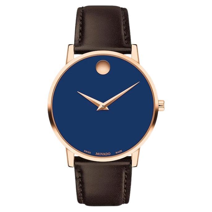 Movado Museum 40mm Blue Dial Leather Strap Men's Watch 607597 For Sale