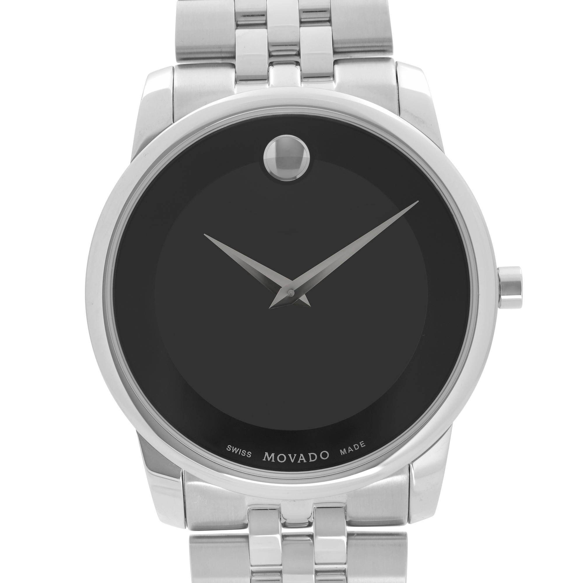 Display Model Movado Black Museum Dial Stainless Steel Men's Watch 0606504. This Beautiful Timepiece Features:  Stainless Steel Case with Stainless Steel Bracelet, Fixed Stainless Steel Bezel, Black Dial with Stainless Steel Hands, And a Marker at