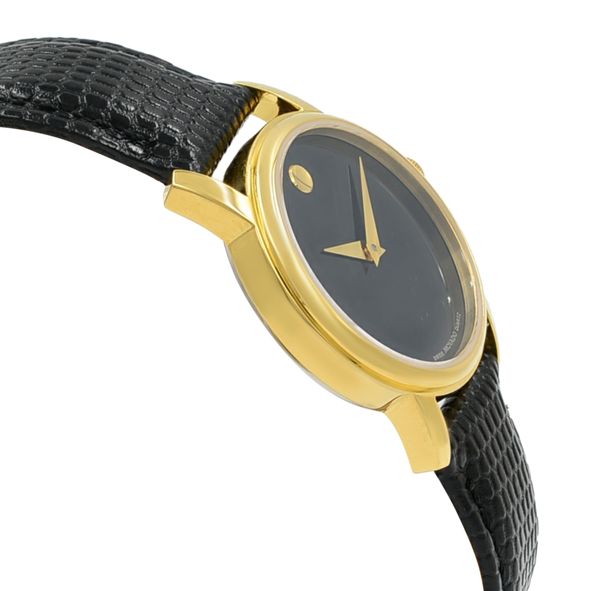 Movado Museum Black Dial Gold Tone Steel Leather Ladies Quartz Watch 2100006 In New Condition In New York, NY