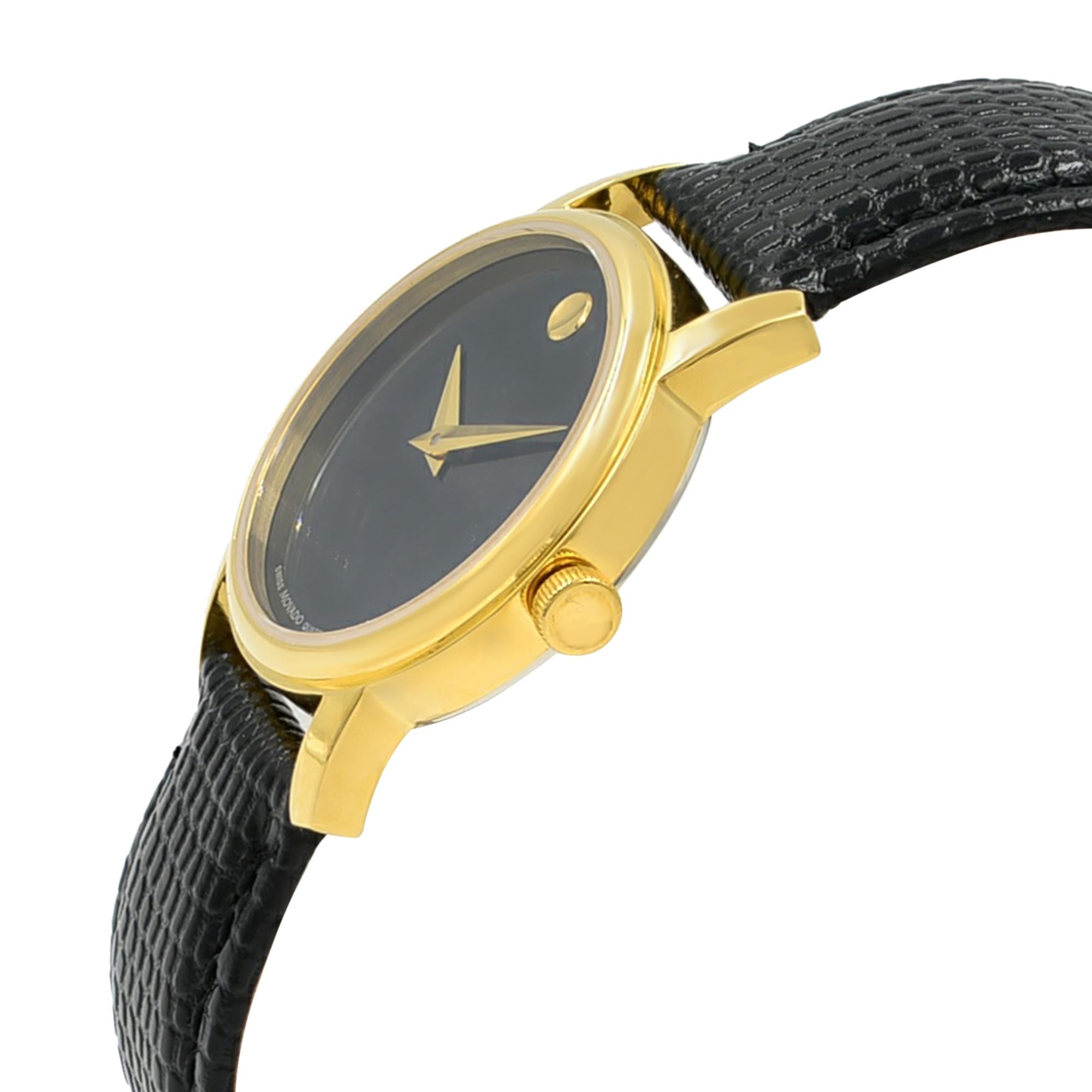 Women's Movado Museum Black Dial Gold Tone Steel Leather Ladies Quartz Watch 2100006