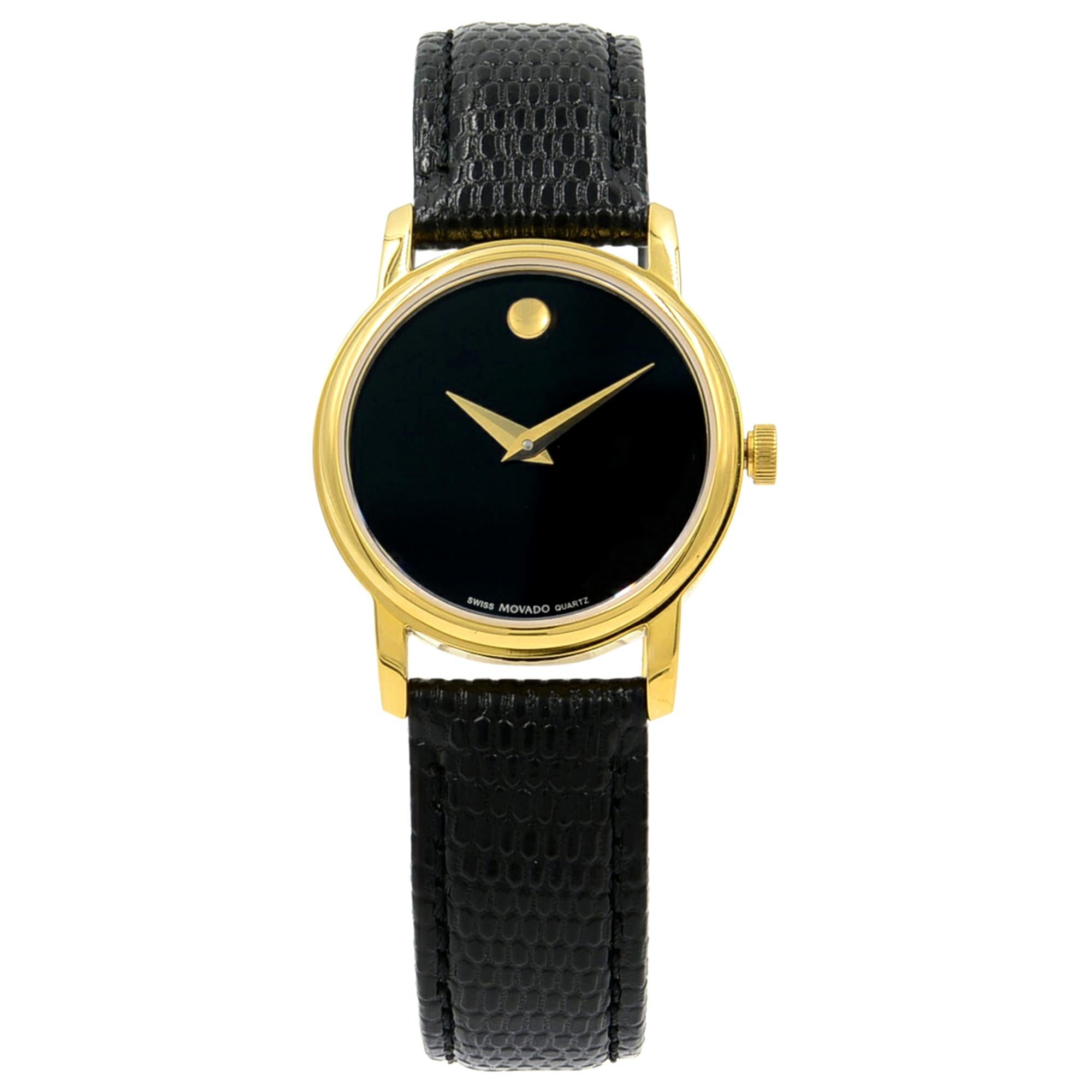 Movado Museum Black Dial Gold Tone Steel Leather Ladies Quartz Watch 2100006