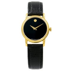 Movado Museum Black Dial Gold Tone Steel Leather Ladies Quartz Watch 2100006