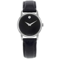 Used Movado Museum Black Dial Leather Band Steel Case Quartz Ladies Watch 2100004