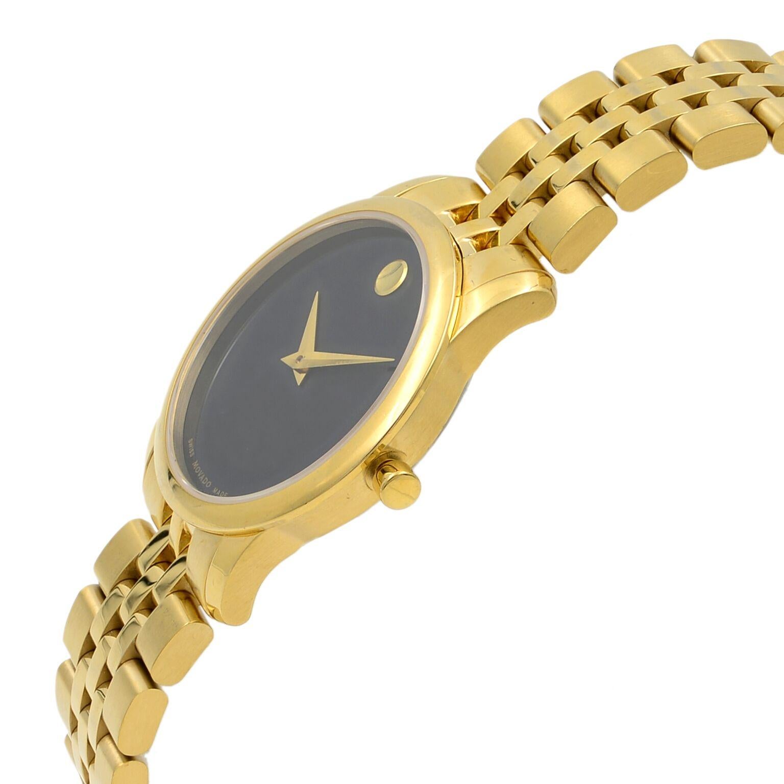 Movado Museum Black Dial Stainless Steel Gold Tone Quartz Ladies Watch 0607005 In Good Condition In New York, NY