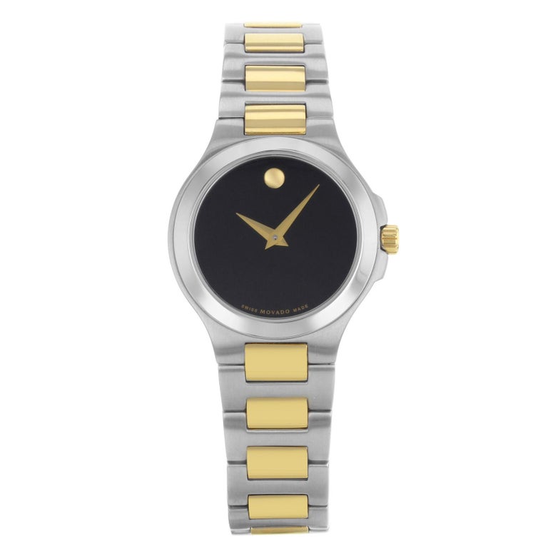 Movado Museum Black Dial Stainless Steel Gold Tone Quartz Ladies Watch