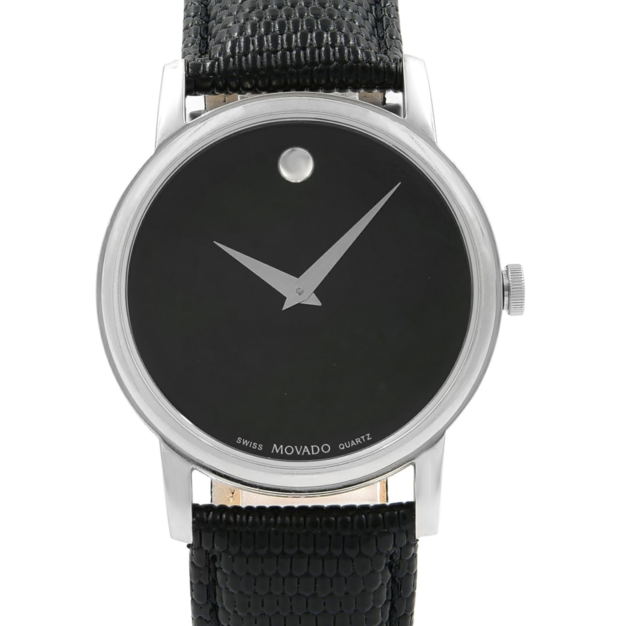 This pre-owned Movado Museum  2100002  is a beautiful men's timepiece that is powered by a quartz movement which is cased in a stainless steel case. It has a round shape face, no features dial and has hand unspecified style markers. It is completed