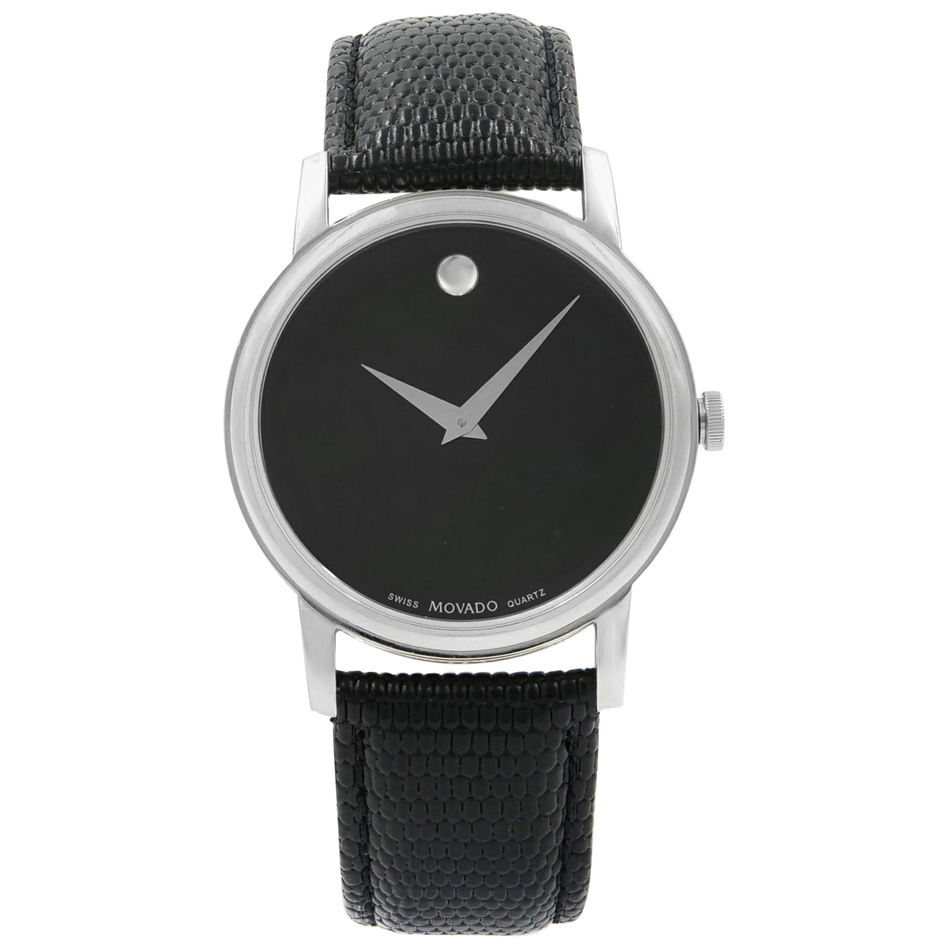 Movado Museum Black Leather Stainless Steel Quartz Men's Watch 2100002