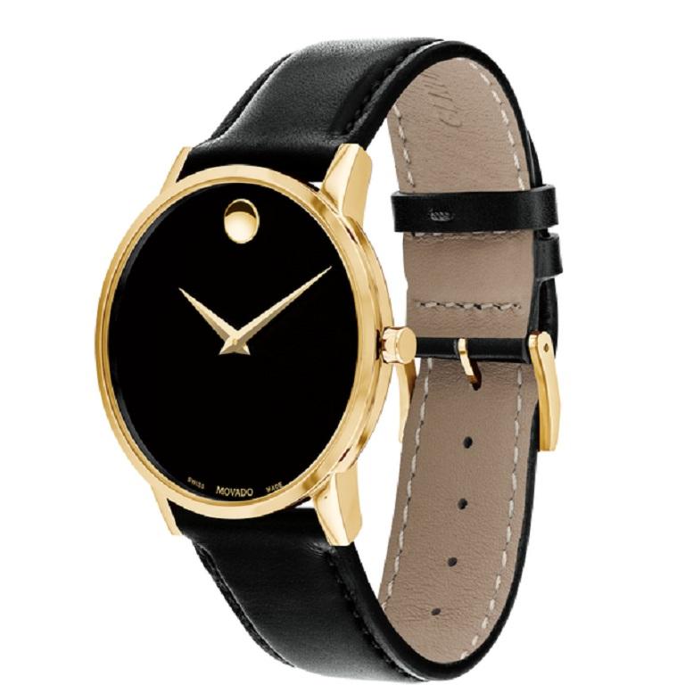 Movado Museum Classic 40mm Black Dial Calfskin Leather Strap Men's Watch 607271

Men's Museum Classic watch, 40 mm yellow gold PVD-finished stainless steel case, black Museum dial with yellow gold-toned dot and hands, black calfskin strap with