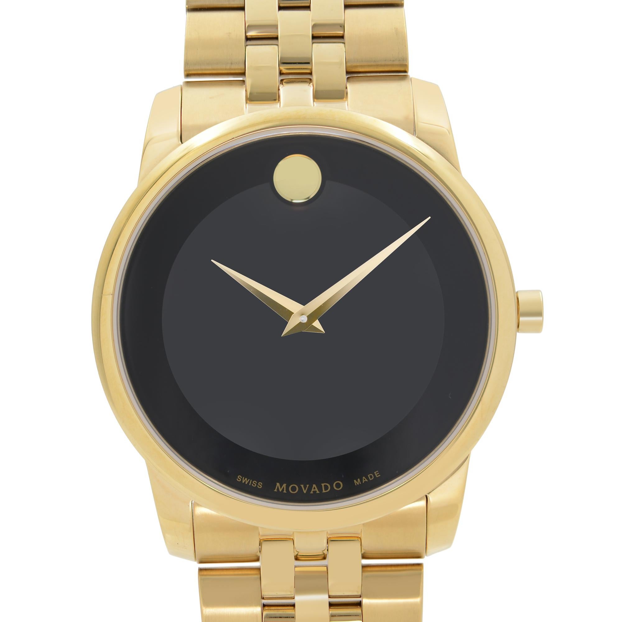 Pre-owned Movado Museum Classic 060699. The Watch has Minor Scratches on the Case and Bracelet. This Beautiful Timepiece Features: Yellow gold PVD stainless steel Case and Bracelet. Fixed Yellow Gold PVD Bezel. Black Dial with Gold-Tone Hands. No