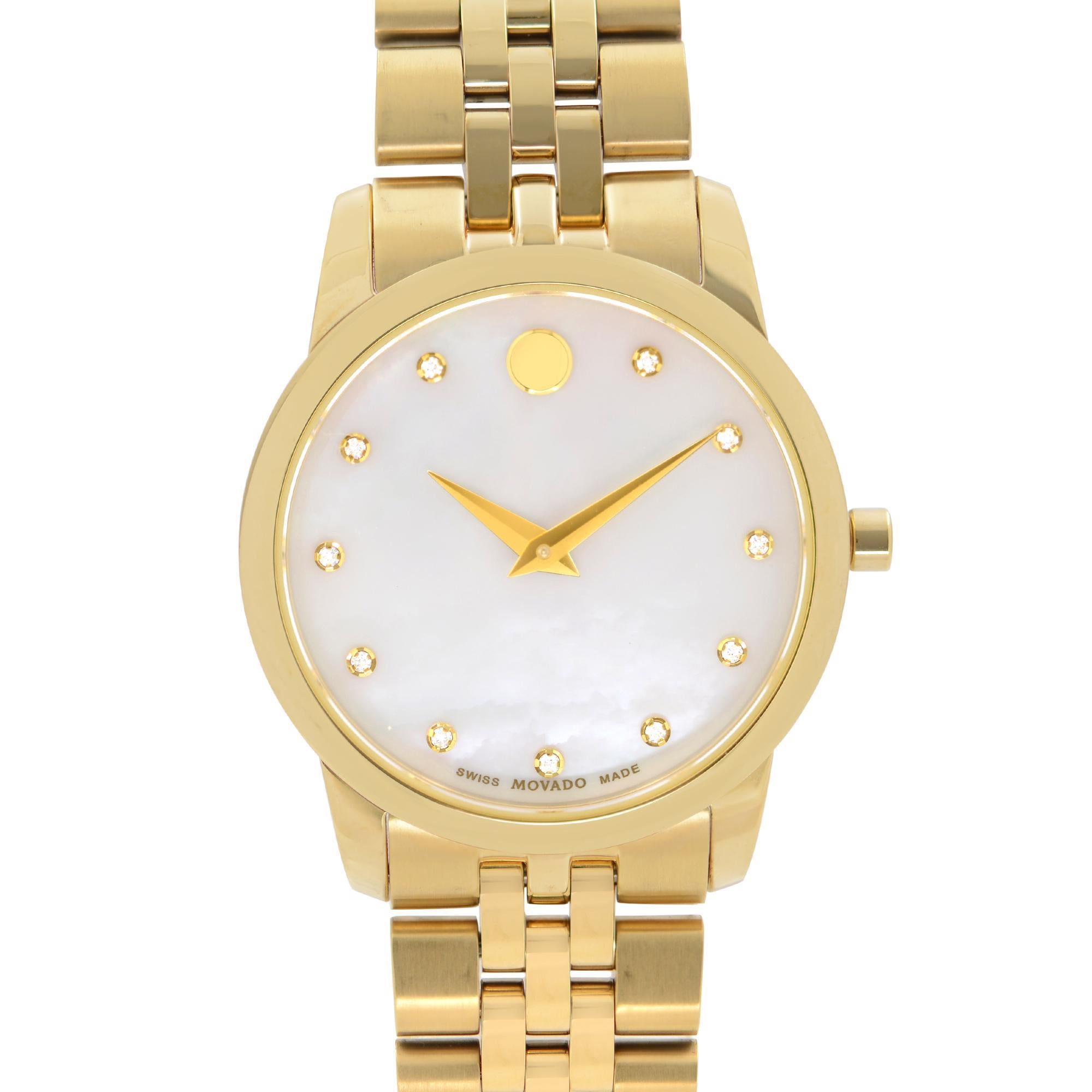 Pre-owned Movado Museum Classic Steel Mother of Pearl Diamond Dial Ladies Watch 0606998. Timepiece Has Tiny Scratches. Original Box and Chronostore Authenticity Card are Included. Covered by 1-year Chronostore Warranty.
Brand Movado
Type