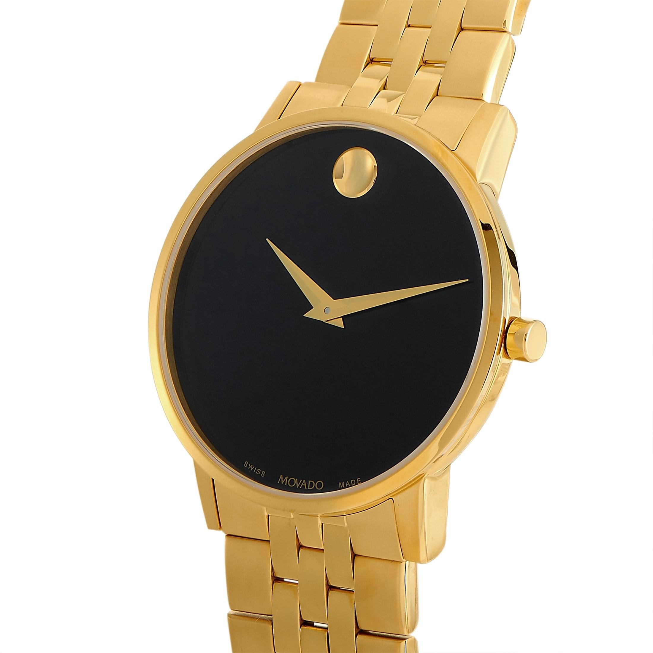 The Movado Museum Classic watch, reference number MV0607203, comes with a yellow PVD-plated stainless steel case that measures 40 mm in diameter. The case is presented on a matching yellow PVD-plated stainless steel bracelet, secured on the wrist