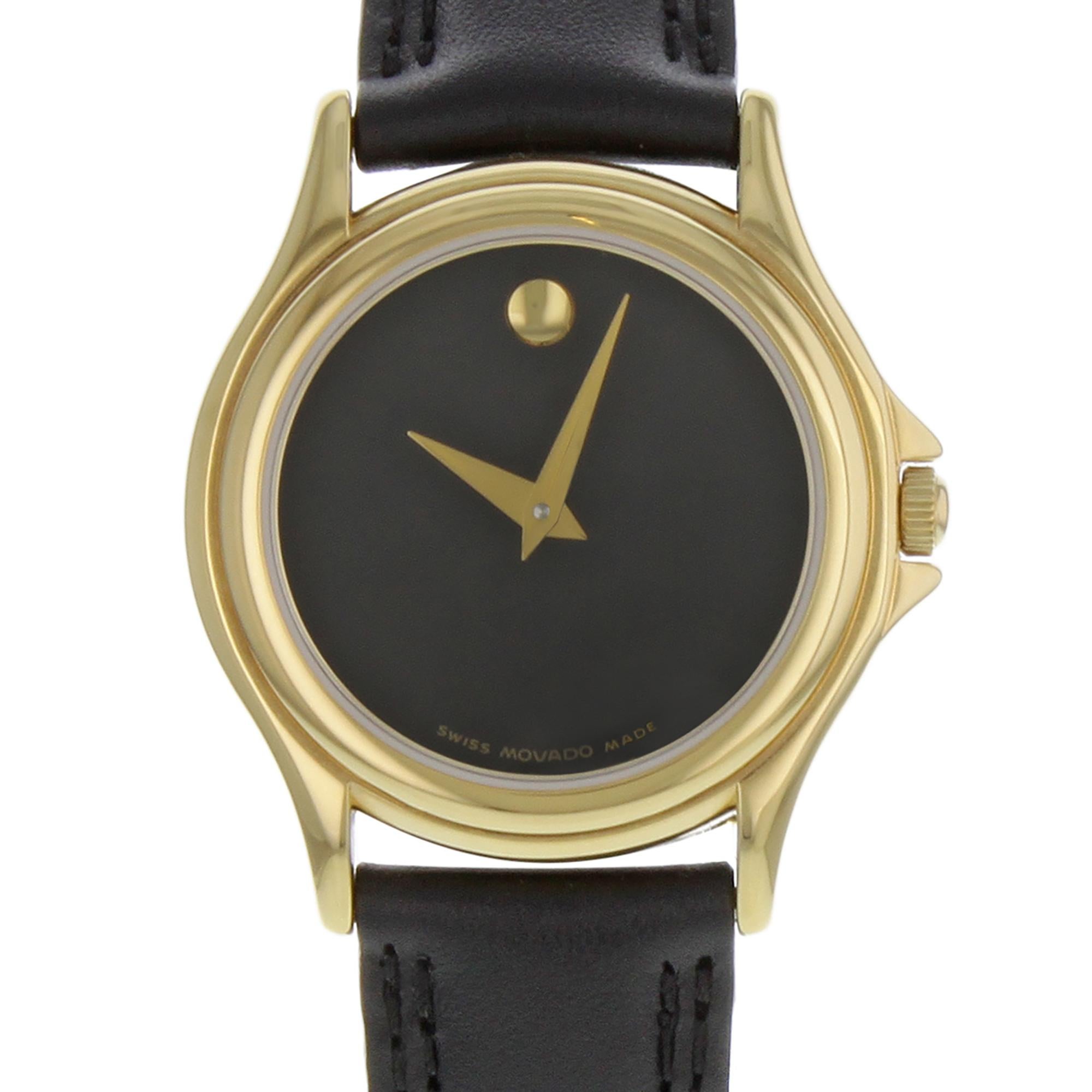 This pre-owned Movado Museum 690299  is a beautiful Ladie's timepiece that is powered by quartz (battery) movement which is cased in a stainless steel case. It has a round shape face, no features dial and has hand unspecified style markers. It is