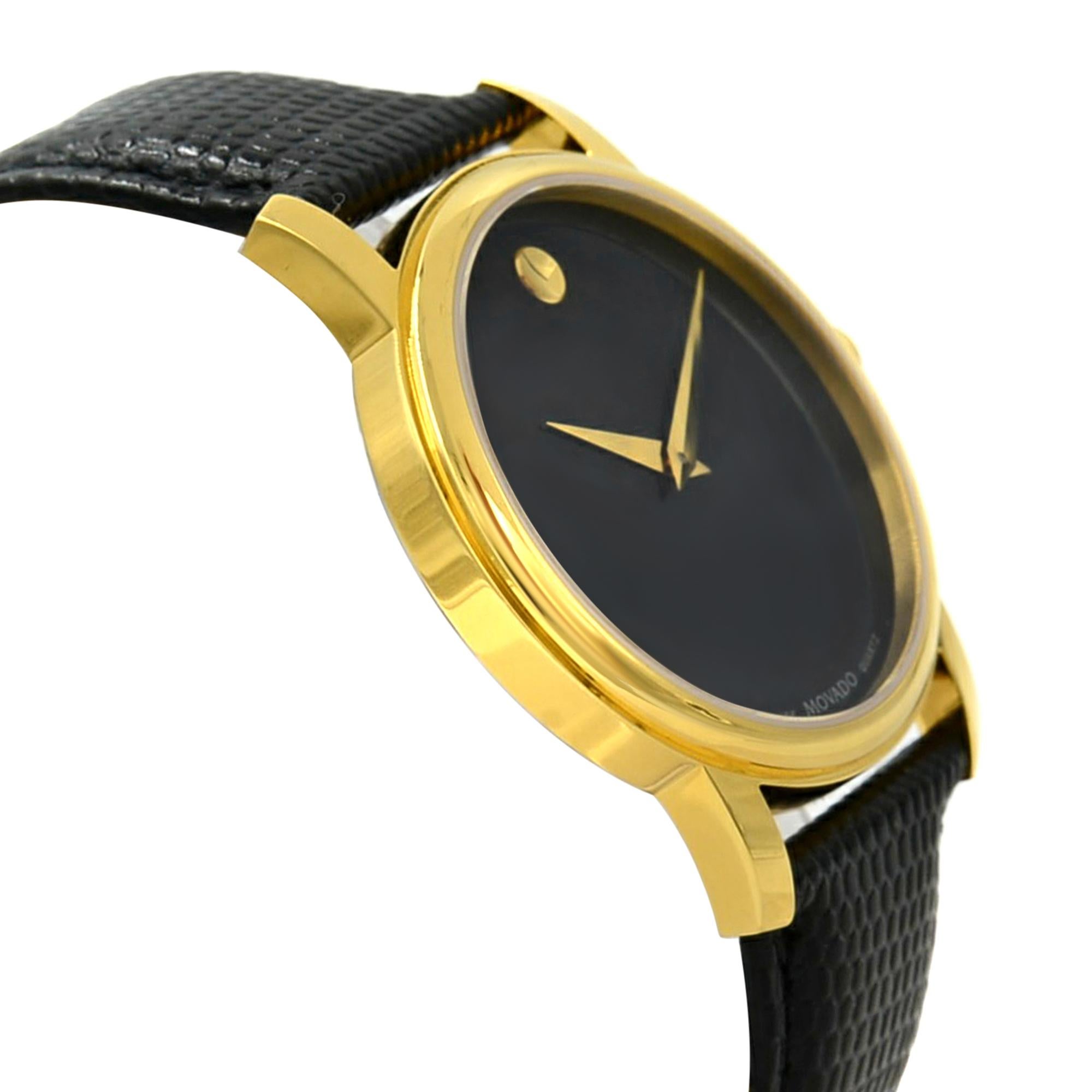 Movado Museum Gold Tone Stainless Steel Leather Quartz Men’s Watch 2100005 In Good Condition In New York, NY
