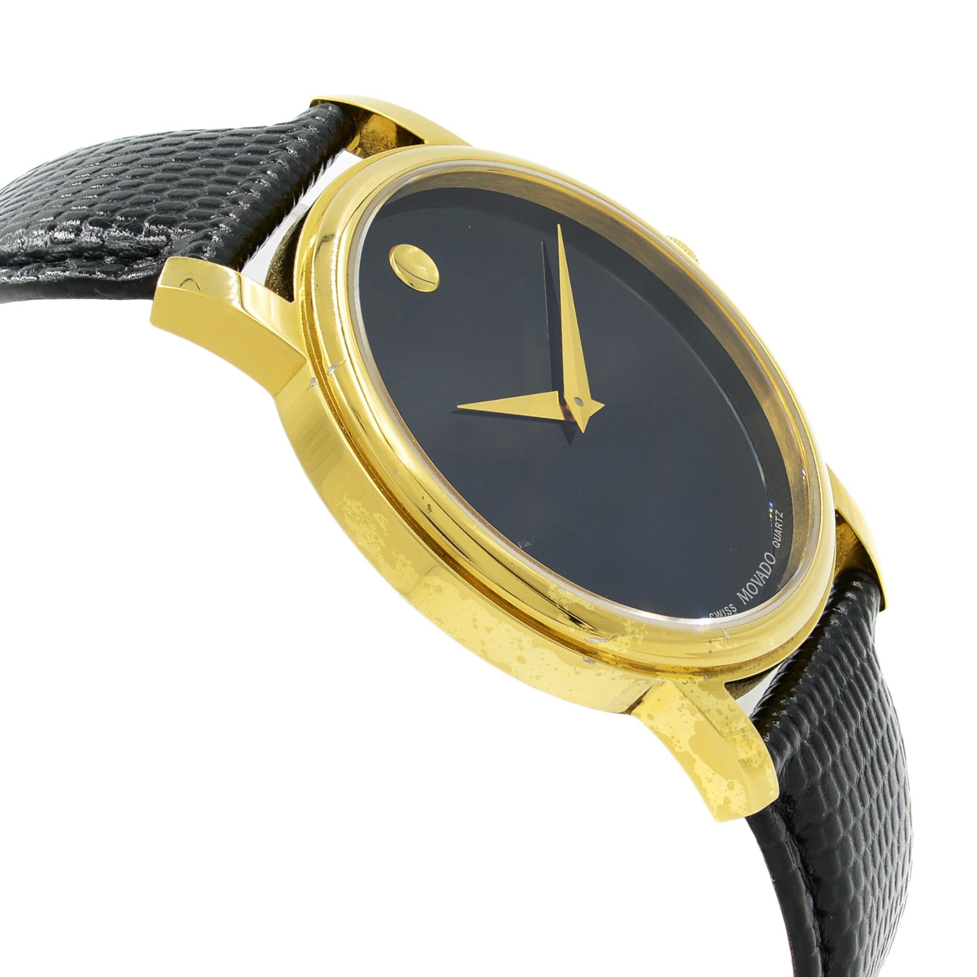 Movado Museum Gold Tone Steel Black Dial Leather Quartz Men's Watch 2100005 In Good Condition In New York, NY