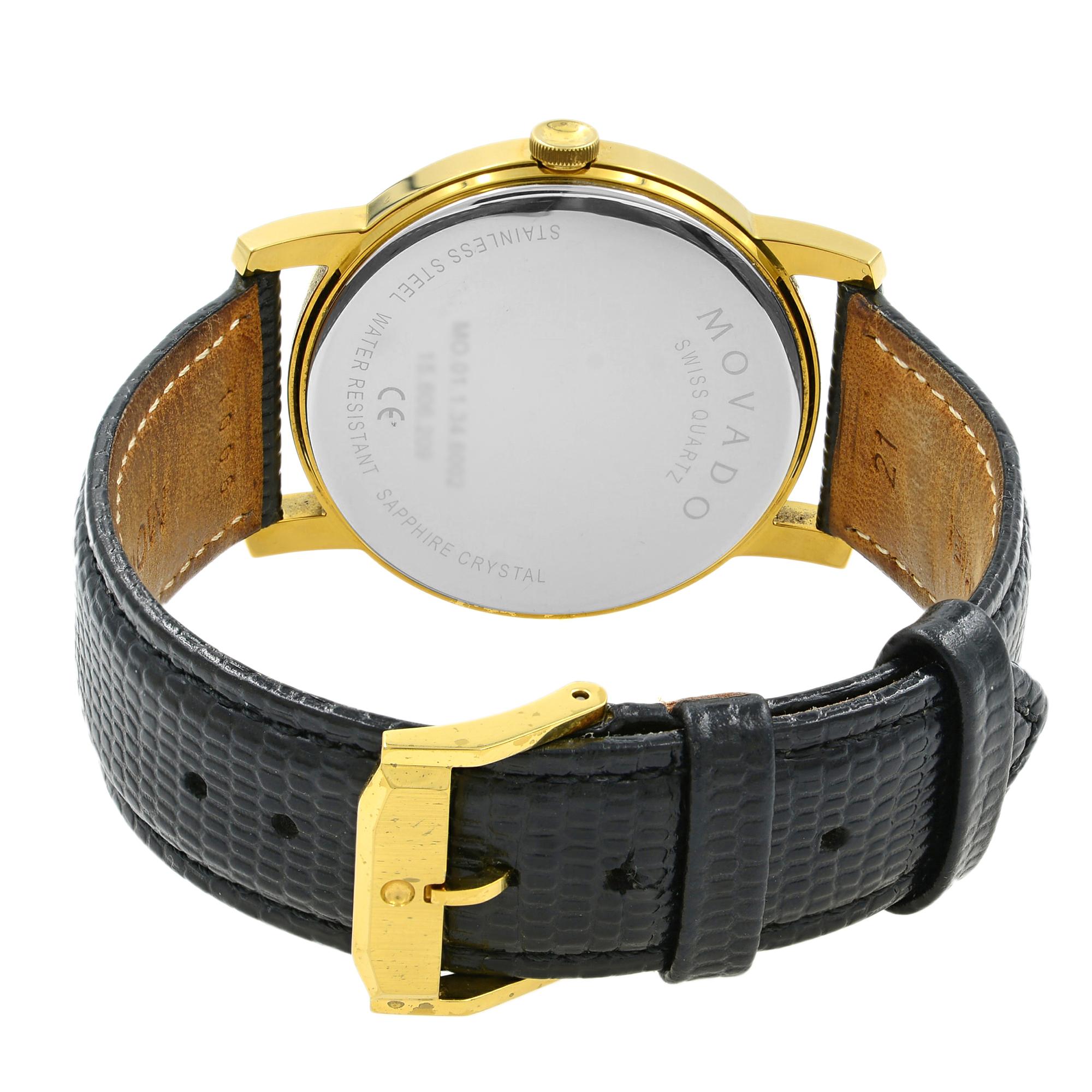 Movado Museum Gold Tone Steel Black Dial Leather Quartz Men's Watch 2100005 1