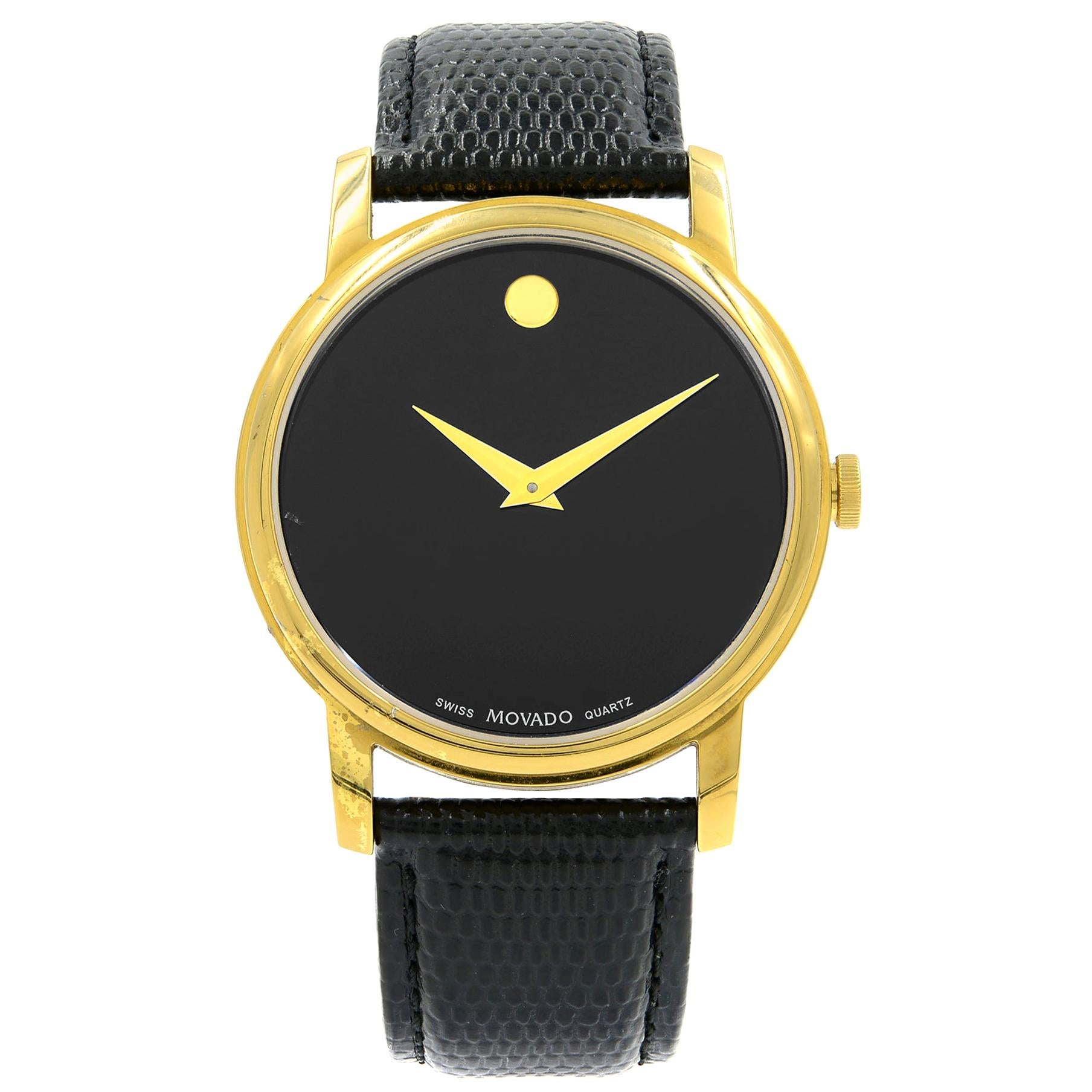 Movado Museum Gold Tone Steel Black Dial Leather Quartz Men's Watch 2100005