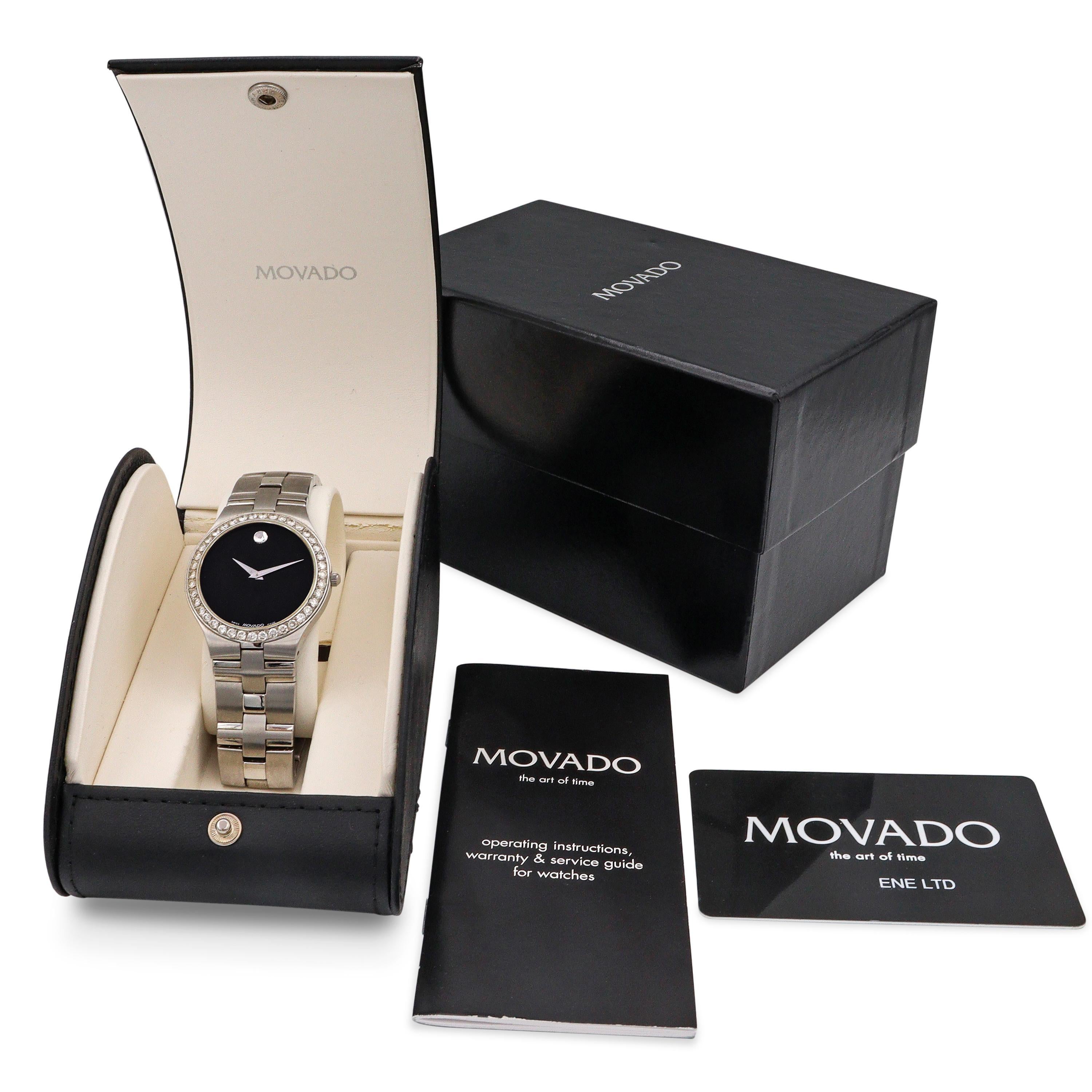 Refined and unmistakably modern, this Movado Museum Juro Diamond Men's Watch (Ref. 84.G2.1899) blends iconic design with luxury detailing. Crafted from brushed stainless steel, the sleek case is accented by a brilliant diamond-set bezel that adds a