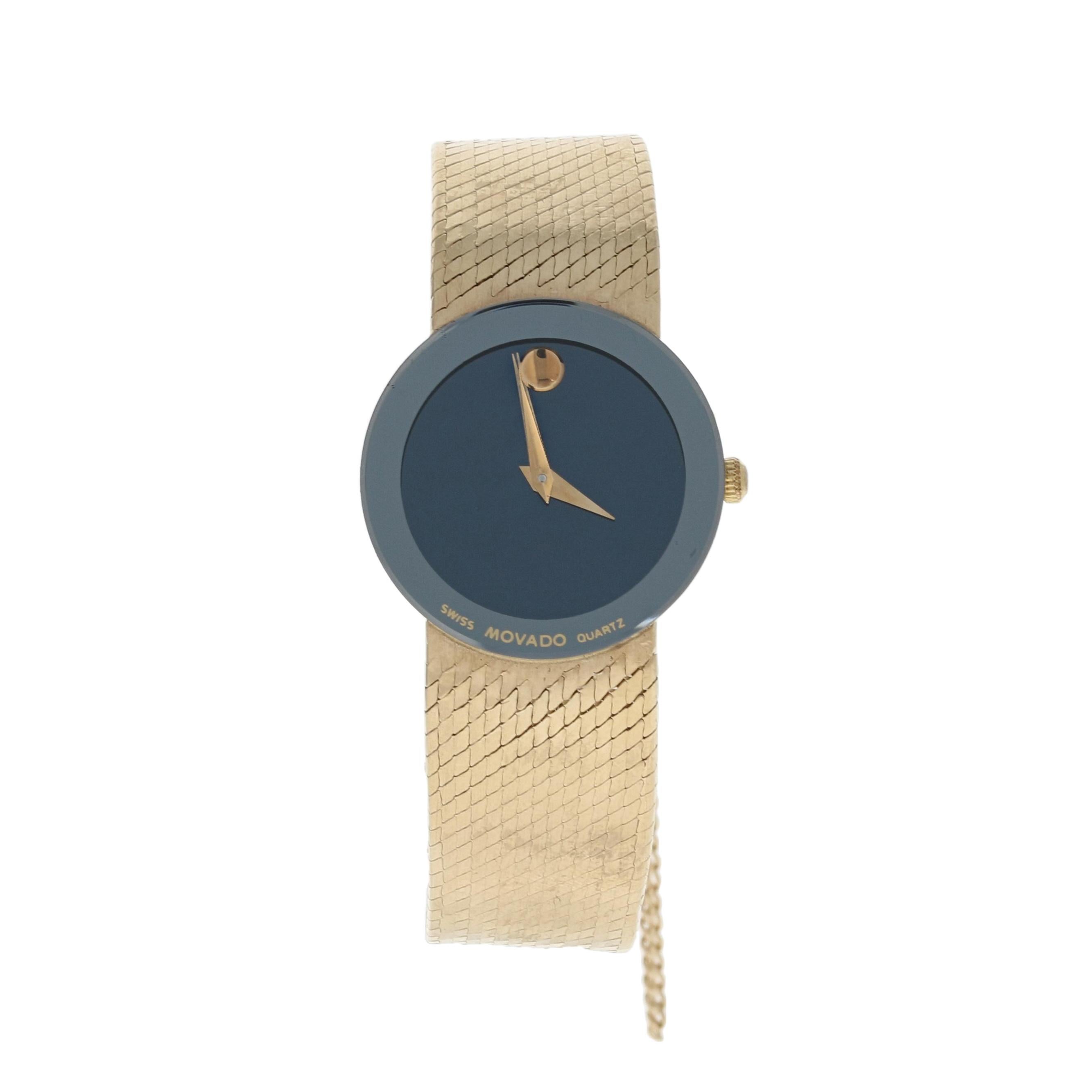 This is an authentic Movado wristwatch. The watch has been professionally serviced and comes with a two-year warranty along with a generic presentation box.

Brand: Movado Museum 
Model Number: 70-40-882B2
Material: 14k Yellow Gold
Movement: