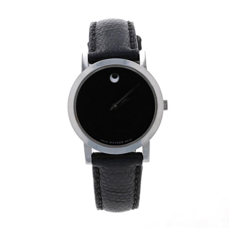 Marca: Movado
Model No: Museo
Model No.: 84.A1.1837
Movimiento: Cuarzo
Número de joyas: 3
Fabricante del movimiento: Suizo
Color de la esfera: Negro

Contenido metálico: Acero inoxidable

Información material
Banda de lagarto auténtico
Color: