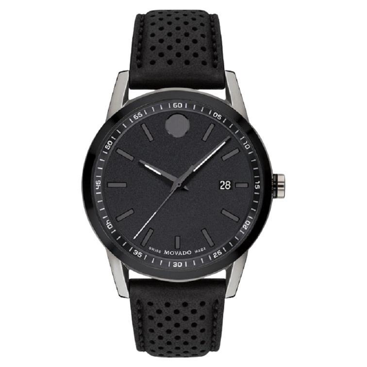 Movado Museum Sport 42mm Black Dial Leather Strap Men's Watch 607559 For Sale