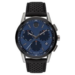 Used Movado Museum Sport 43mm Blue Dial Leather Strap Men's Watch 607475