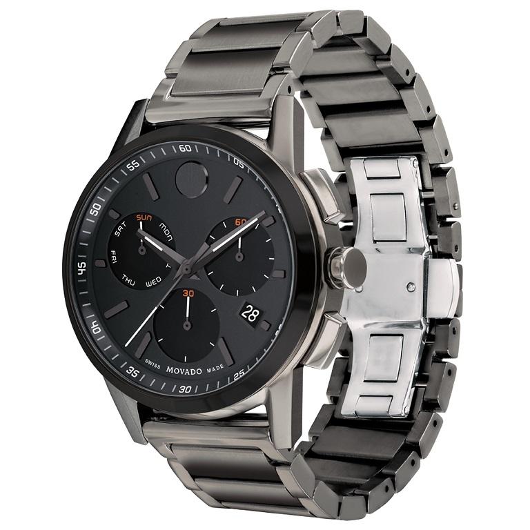 Movado Museum Sport Chronograph 43mm Black Dial Stainless Steel Watch 607558

Movado Museum Sport Chronograph, 43 mm gunmetal PVD-finished stainless steel case with black PVD-finished bezel. Features a black chronograph dial and gunmetal