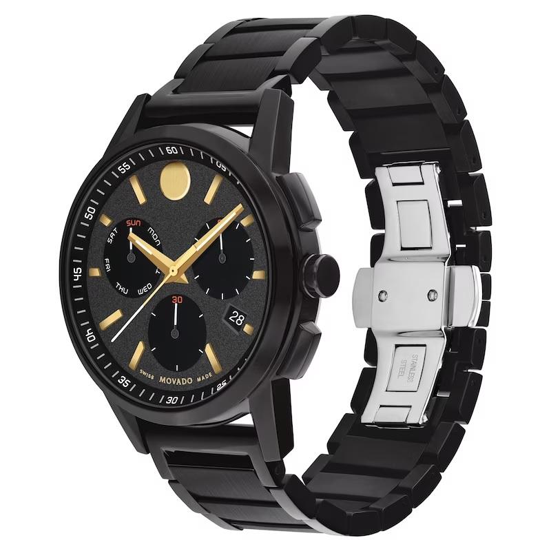 Movado Museum Sport Chronograph 43mm Black Dial Stainless Steel Watch 607802

This contemporary men's watch from Movado Museum Sport collection is sure to turn heads. The watch is 43mm in diameter and features a black PVD stainless steel case, black