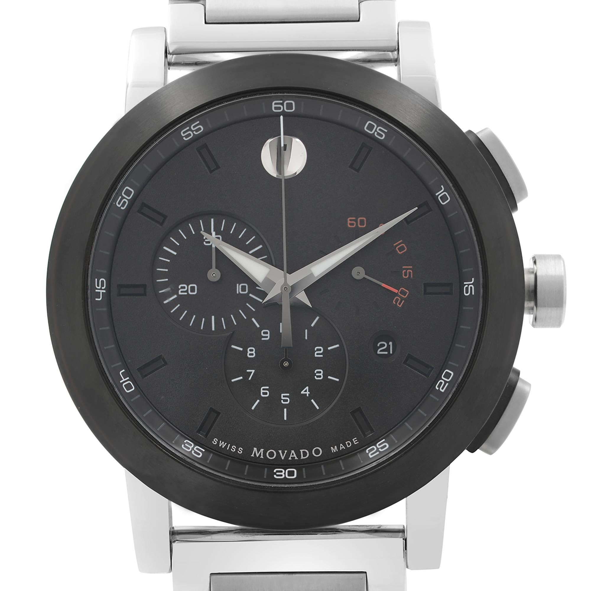 New With Defects Movado Museum Stainless Steel Chronograph Black Dial Quartz Men's Watch 0606792. The Timepiece Might Have Either Minor Scratches on the Case Back or Insignificant Blemishes on the Bezel. This Beautiful Timepiece Features: Stainless