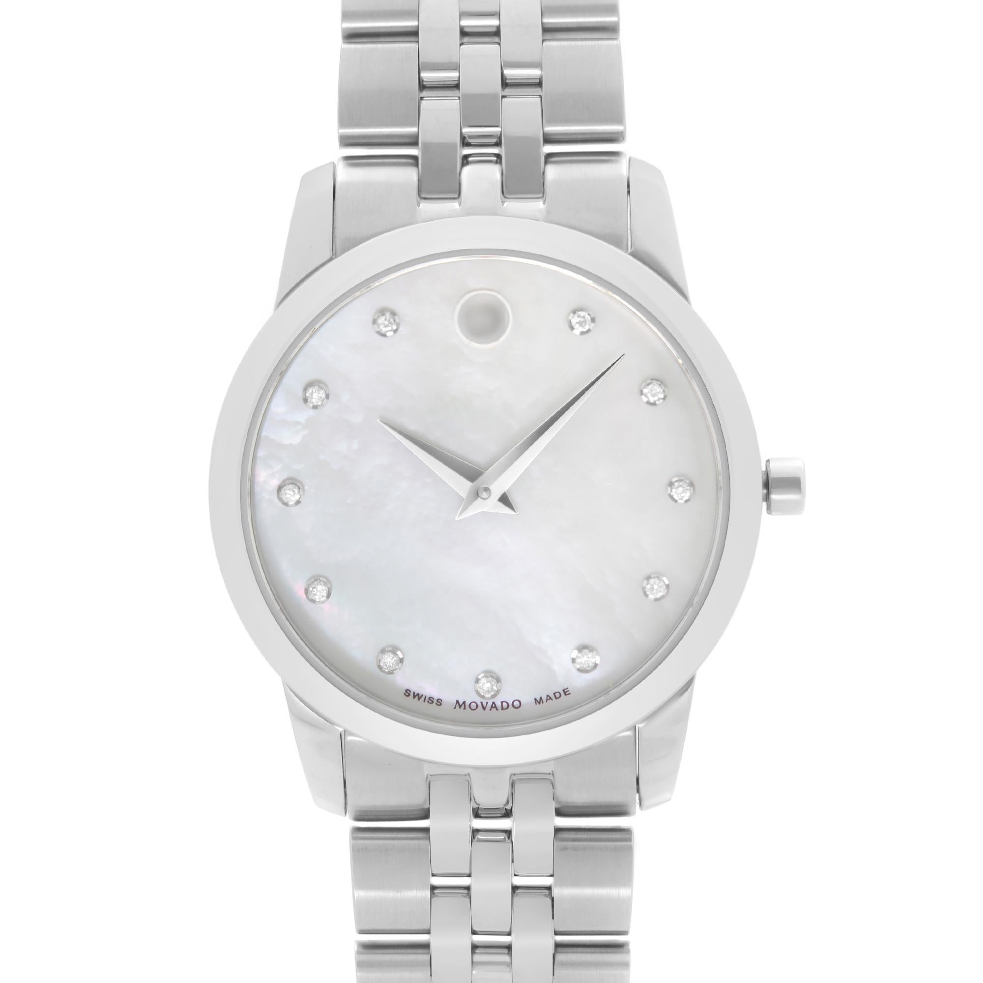 Never Worn Movado Museum Stainless Steel MOP Diamond Dial Quartz Ladies Watch 0606612. This Beautiful Timepiece Features: Stainless Steel, Bracelet and Bezel, Mother Of Pearl Dial with Stainless Steel Hands and Diamond Hour Markers. Original Box and