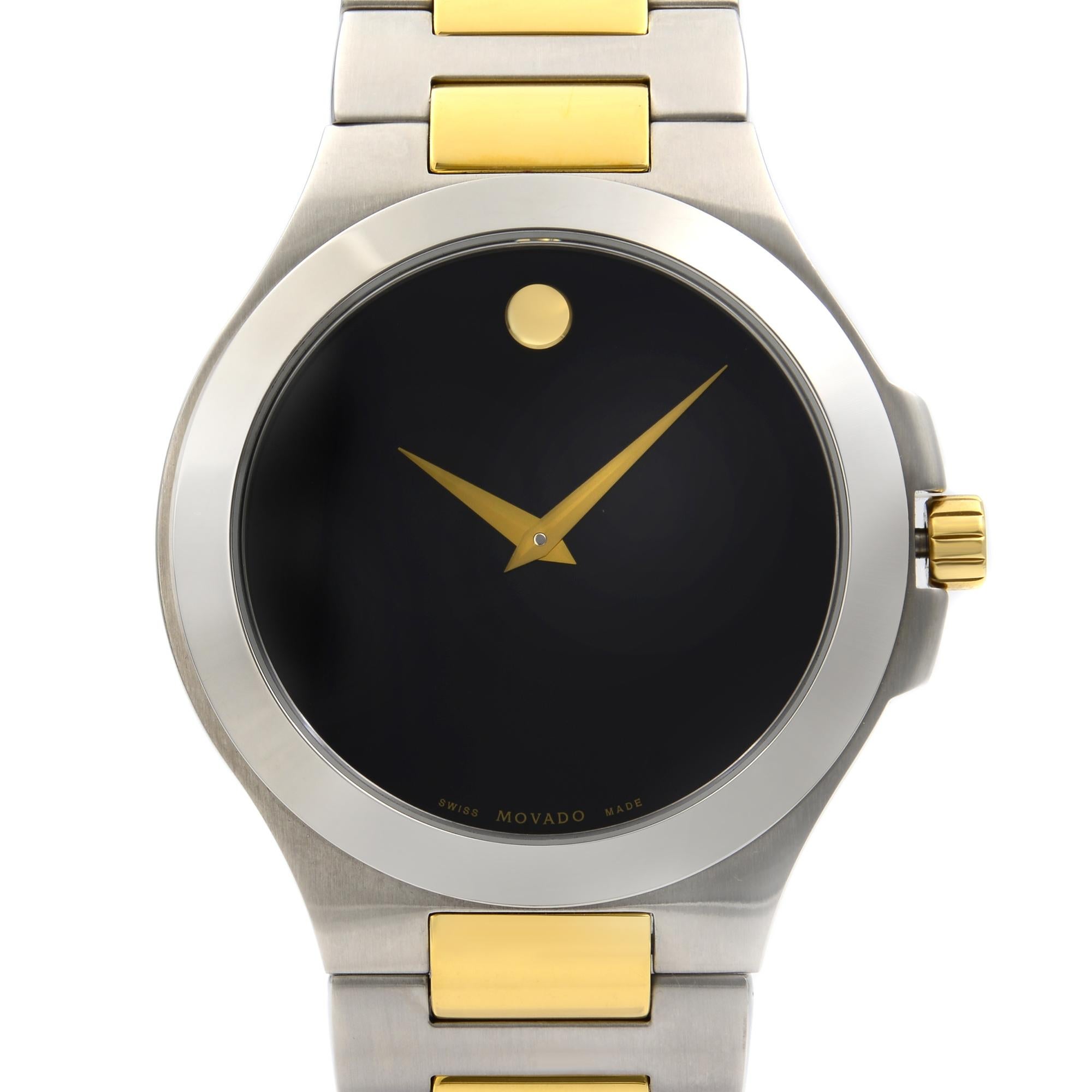 This watch is in display model but has a few hairline scratches on a gold tone link visible only under direct light and from certain angles. Comes with manufacturers box and papers. Backed by a 3 year warranty. 
Details: Dress/Formal/ Band Color