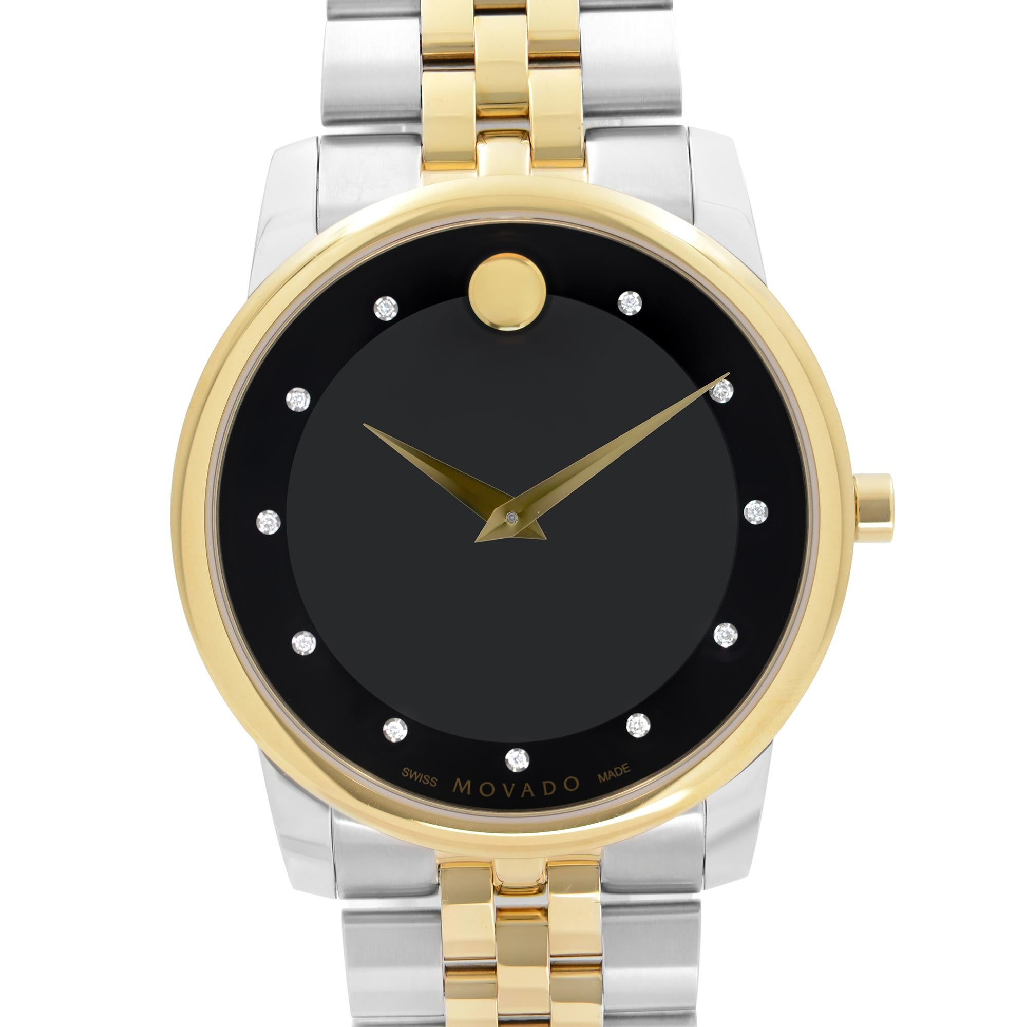 Store Display Model Movado Museum Two-Tone Steel Black Diamond Dial Quartz Men's Watch 0606879. Timepiece Might Have Minor Blemishes Due to Store Handling. Original Box and Papers are Included. Covered by 3-year Chronostore Warranty. 
Details:
MSRP