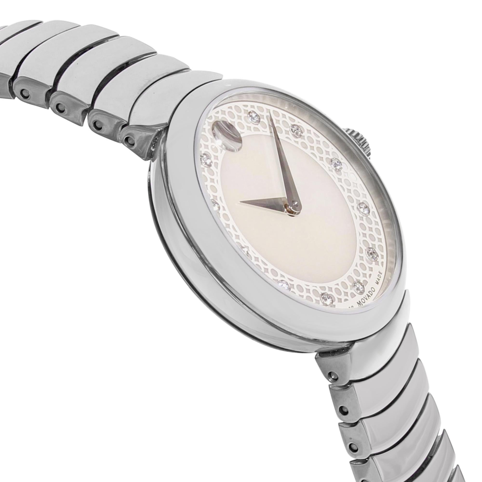 Movado Myla White Mother of Pearl Diamond Dial Steel Quartz Ladies Watch 0607044 In New Condition In New York, NY