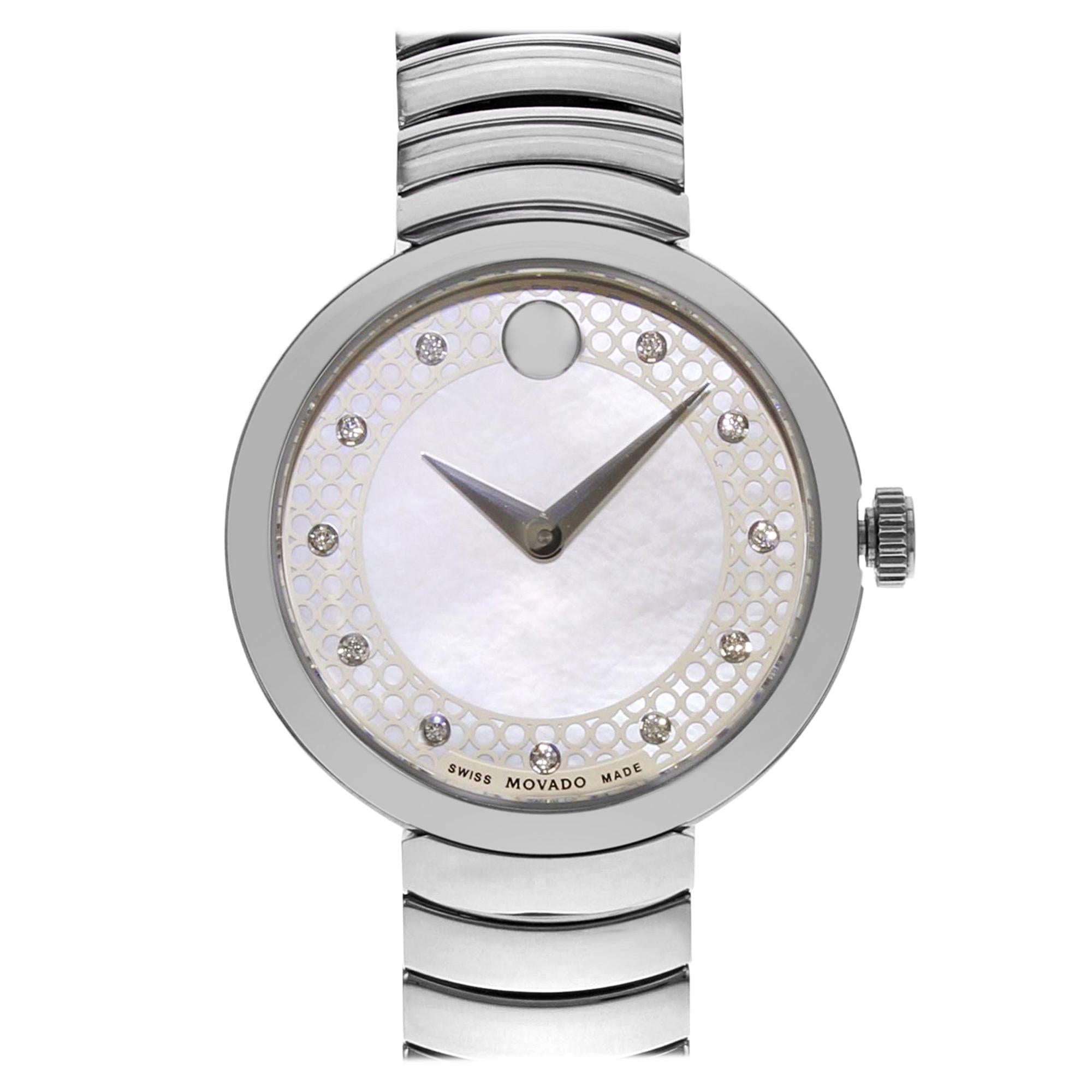 Movado Myla White Mother of Pearl Diamond Dial Steel Quartz Ladies Watch 0607044