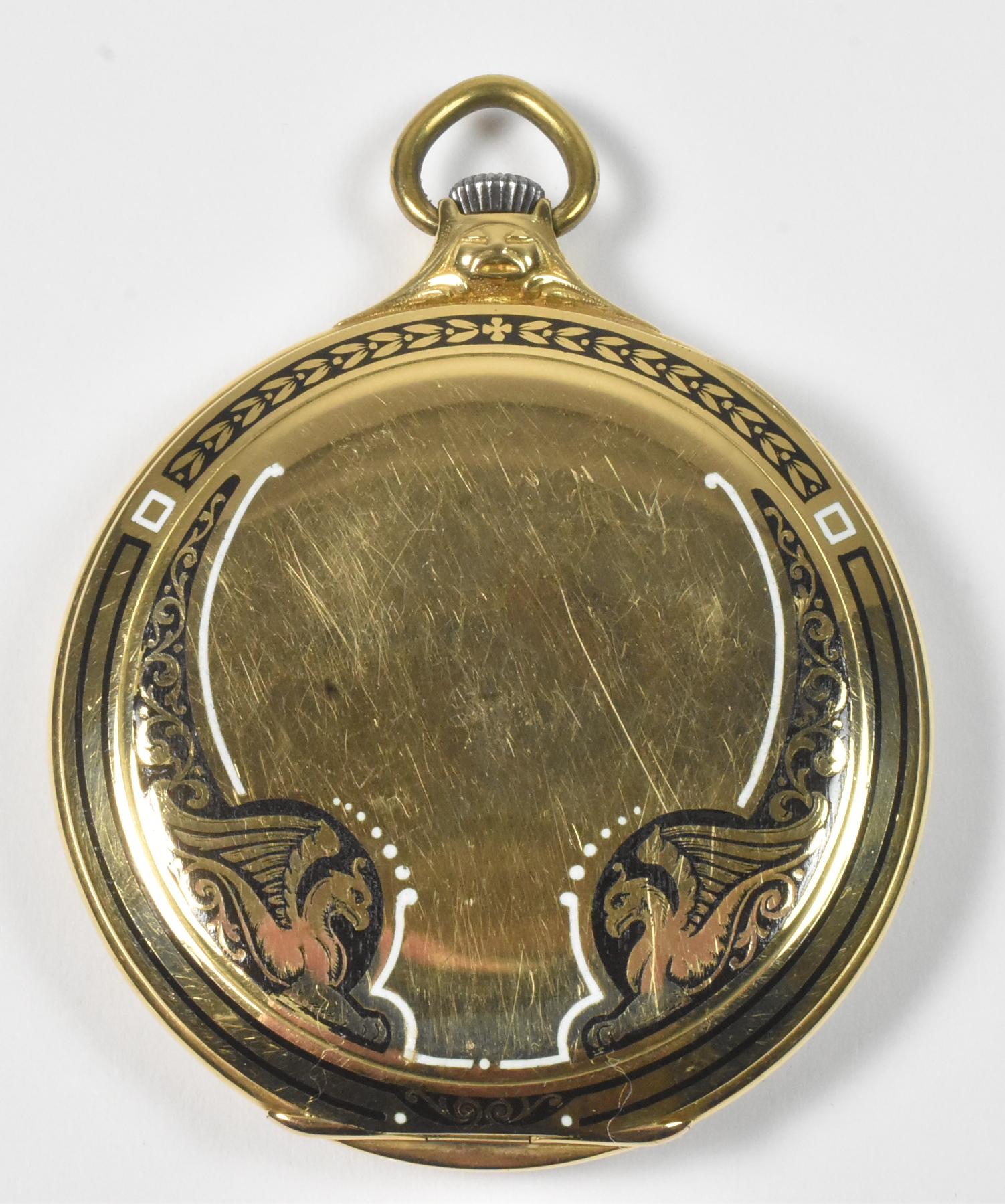 Movado of Enamel 18K Pocket Watch. 20th century. Enameled front and back case. Winged griffins and wheat borders designs. 15 Jewel Movement. Serial Number 34978. Case is marked 750. Some wear to the crown 44mm case. 36mm Movement. Running condition. 