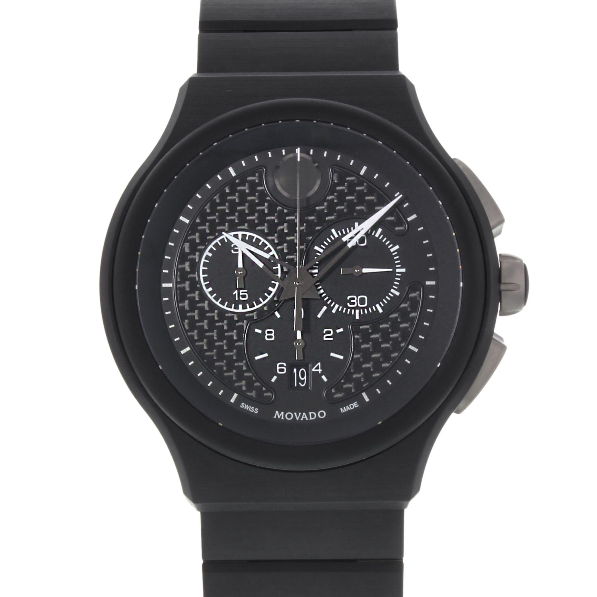 Excellent Pre-owned Condition Movado Parlee Chronograph Carbon Fiber Dial Titanium Peek Quartz Watch 0606929. The Timepiece Has Tiny Scratches and Scuffs on the Case Back and Inner Side of the Bracelet. This watch comes with a Chronostore