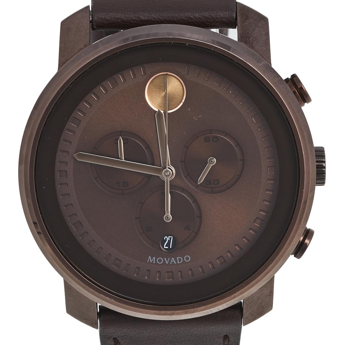 Movado Plated Stainless Steel Leather Bold Men's Wristwatch 44 mm 1